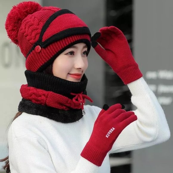 High Quality Ring Scarves Hat Touch Screen Gloves Set Winter 4pcs Fleece Lined - Picture 2 of 3